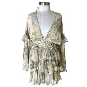 Asos Boho Floral Pleated Mini Dress Bell Sleeve Braided Waist Cream Tier V-Neck